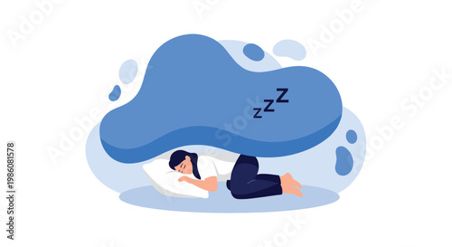 A tired person rests in a fetal position on a soft pillow beneath a large blue cloud shape featuring Zzz text elements in a serene white environment.