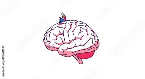 A small individual sits comfortably upon a massive detailed anatomical brain while interacting with a digital device in a bright minimalist white space.