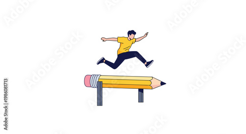 A cartoon figure jumps over a giant yellow pencil in a creative studio setting featuring sharp light and a playful, colorful aesthetic with bold outlines.