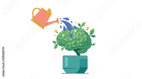 Creative illustration shows a brain in a pot being watered by a pink watering can with small green leaves sprouting to suggest growth and intelligence.