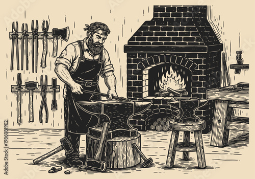 Vintage Blacksmith Woodcut Illustration - Traditional Craftsman Working at Anvil in a Forge Workshop with Metalworking Tools