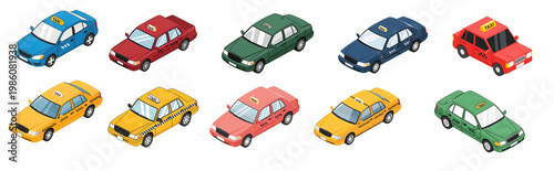 Isometric Taxi Car Set Collection – Colorful Urban Transportation Vector Icons Isolated on transparent background
