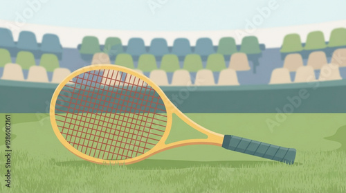 Yellow Tennis Racket on Court Surface.