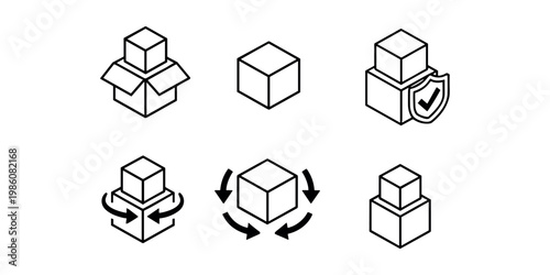 Six isometric line depicting boxes and logistics concepts collection simple clean minimal black and white 260