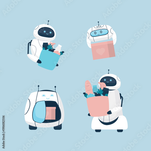 Set of various modern delivery robots. Mascot cyborg with parcel, package or box. AI technology, digital characters. Concept of digital assistant.