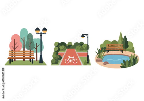 Set of City Park Vector Illustrations Featuring Benches, Bicycle Path, Pond, Trees and Street Lamps for Urban Lifestyle and Outdoor Recreation Design
