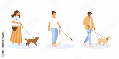 People walking their dogs in a minimalist flat vector illustration