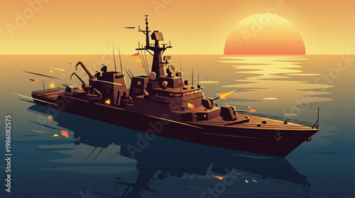 Large Warship Vessel Sailing Ocean.