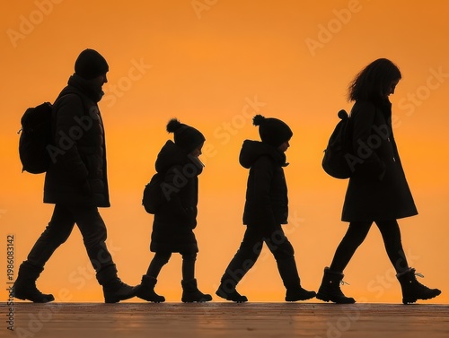 Family walking together in silhouette against orange sunset sky  