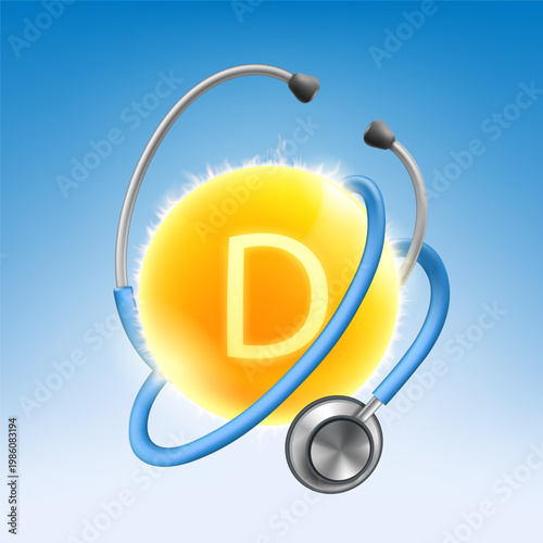 Sun with vitamin D. Medical tool stethoscope around the sun. Vector illustration