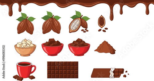 Chocolate and Cacao Process Illustration Set with Cocoa Pods Beans Powder and Chocolate Products for Dessert Production and Food Ingredient Design Collection