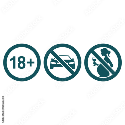 Set of dark teal warning icons featuring age limit eighteen plus with no driving and no drinking during pregnancy safety symbols.