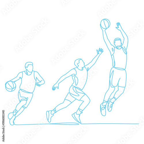 Continuous line drawing of basketball players in action including jumping dunking and dribbling with ball on transparent background.