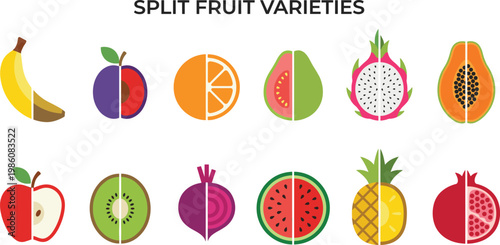 Split Fruit Varieties Vector Illustration Set with Half and Whole Fruits Including Banana, Apple, Kiwi, Dragon Fruit, Papaya, Pineapple, and Watermelon