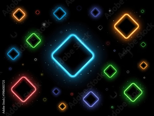 Colorful neon diamond shapes glowing on dark background  