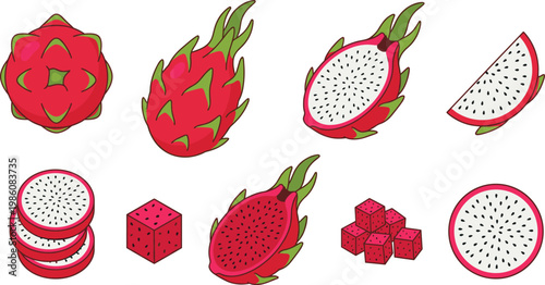 Dragon Fruit Vector Icon Set with Whole, Sliced, and Cubed Pitaya Illustrations for Tropical Food Design, Fresh Exotic Fruits, and Healthy Lifestyle Concepts