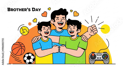Brothers celebrating brother's day with friendship and fun surrounded by sports equipment and video games