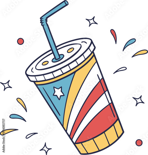 Retro soda cup vector illustration, vintage fast food soft drink with straw, patriotic red white and blue beverage container with stars