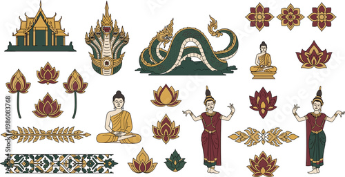 Traditional Thai Cultural Illustration Set with Buddha Statues Naga Serpent Creatures Temple Architecture Lotus Flowers and Thai Dancers for Heritage Tourism and Spiritual Design Projects