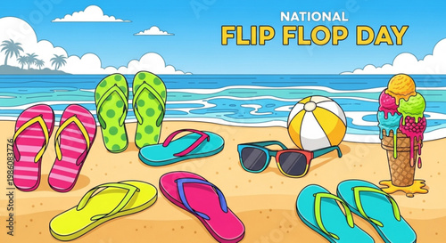 Colorful flip flops and beach accessories on sandy beach for national flip flop day celebration with ocean view