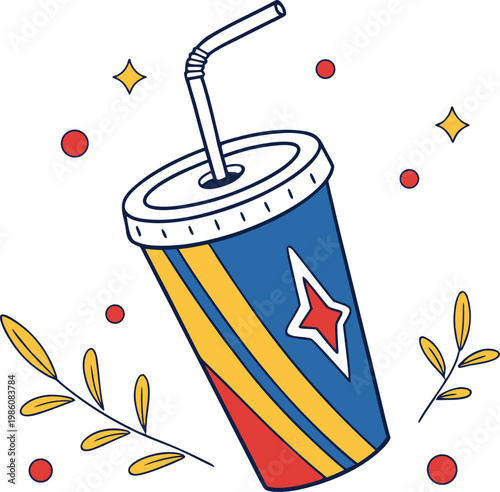Retro soda cup vector illustration, vintage soft drink with straw and star design, colorful fast food beverage icon in comic style