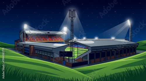 Stadium with lights on at night.