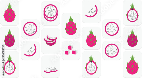 Dragon Fruit Icon Set in Rounded Square Frames with Whole, Sliced, and Cubed Pitaya Illustrations for Tropical Food Apps, Healthy Lifestyle, and UI Design