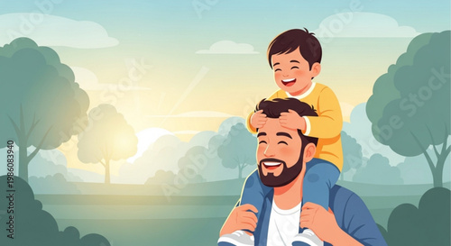 Smiling father carrying happy little boy on shoulders in sunny park with trees and sunset background