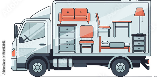 A cartoon illustration of a moving truck filled with furniture
