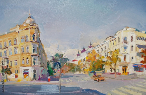 Canvastavla Artistic oil painting of a sunlit downtown street intersection with historic arc