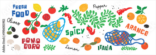 Fruits in bag set of vector elements for decoration, hand drawn , modern, creative food vector illustration 