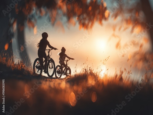 Two children riding bicycles during sunset in a natural landscape  