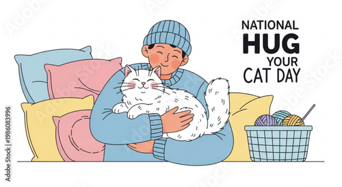 Man hugging white cat on sofa with yarn basket national hug your cat day illustration