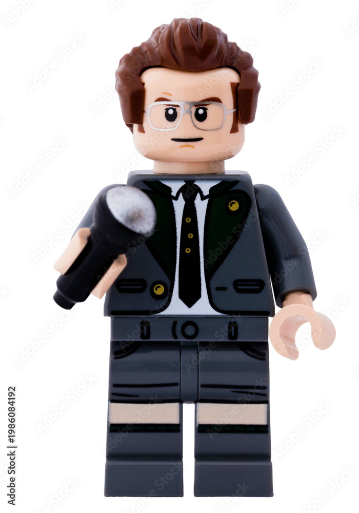 Fototapeta premium Dortmund - Deutschland 15. April 2026 - Lego Minifigur Mann mit einem Mikrofon in der Hand