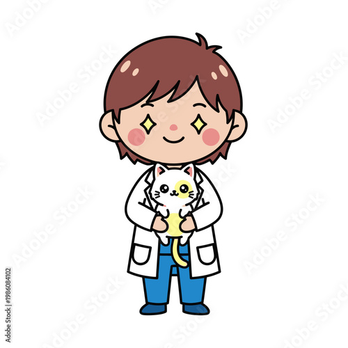 Boy holding white cat in arms.