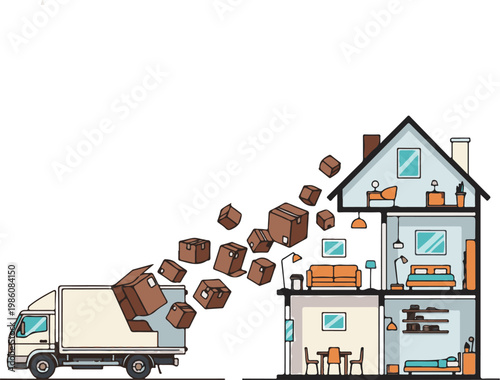 An illustration of a moving truck unloading boxes into a house
