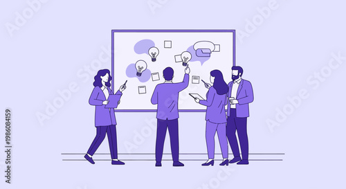 Business team brainstorming ideas on whiteboard in office.