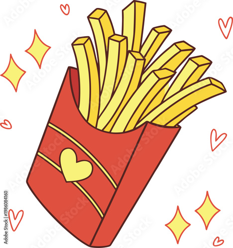 Kawaii french fries vector illustration, cute fast food cartoon with hearts and sparkles, salty potato chips in red paper box, tasty snack icon
