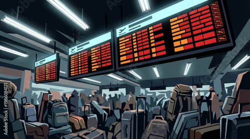 People waiting at airport departure board.