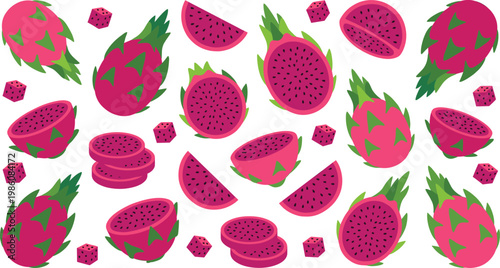 Dragon Fruit Vector Pattern with Whole and Sliced Pitaya Illustrations for Tropical Food Design, Fresh Summer Backgrounds, Exotic Fruits, and Decorative Textile Use