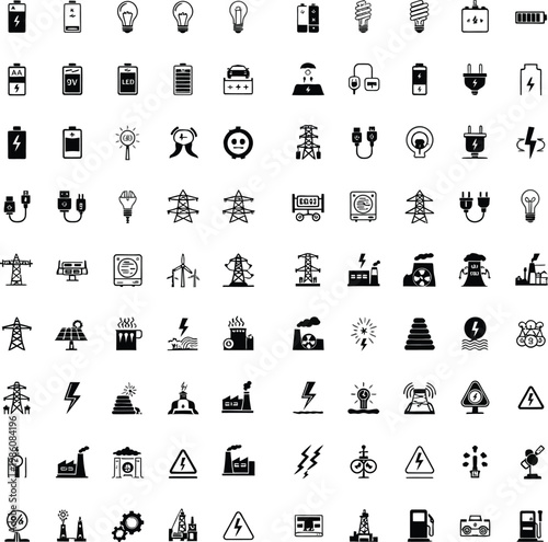 Collection of various industrial and electrical icons in black and white