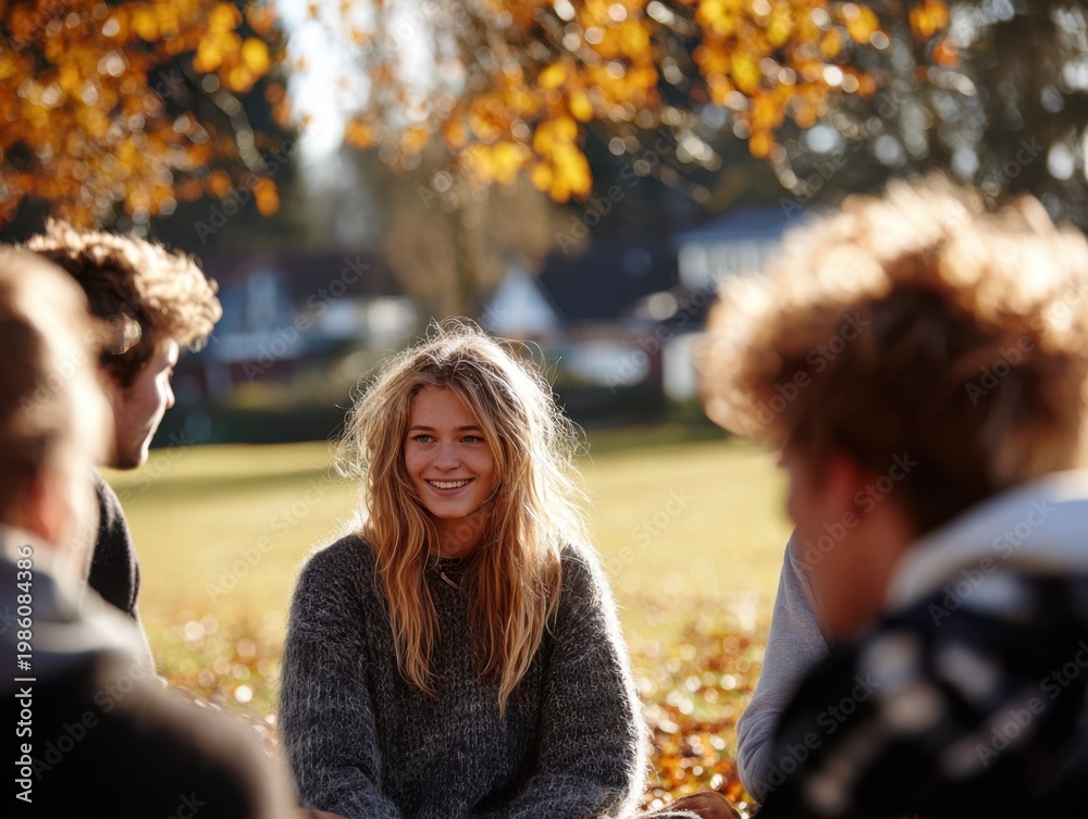 Fototapeta premium Young woman smiling while sitting with friends in autumn park 