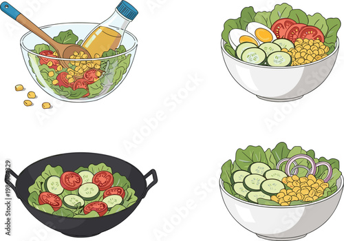 Fresh Salad Bowl Set Illustration with Vegetables Dressing Mixing and Healthy Food Preparation for Organic Meal Menu and Diet Design Collection