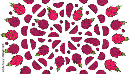 Dragon Fruit Seamless Pattern Vector with Whole and Sliced Pitaya Illustrations in Circular Arrangement for Tropical Food Design, Summer Backgrounds, and Textile Prints