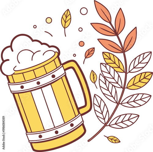 Oktoberfest beer mug with autumn leaves, traditional wooden beer stein with foam, fall harvest celebration vector illustration