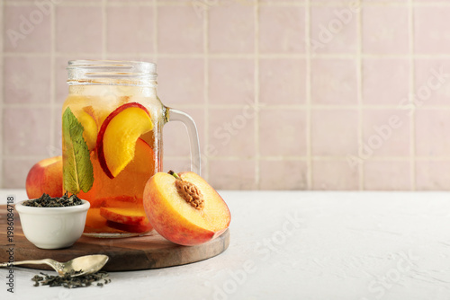 Wooden tray and glass of ta...