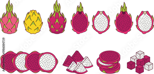 Dragon Fruit Vector Icon Set with Whole, Peeled, and Sliced Pitaya Illustrations for Tropical Food Design, Fresh Exotic Fruits, and Healthy Lifestyle Concepts
