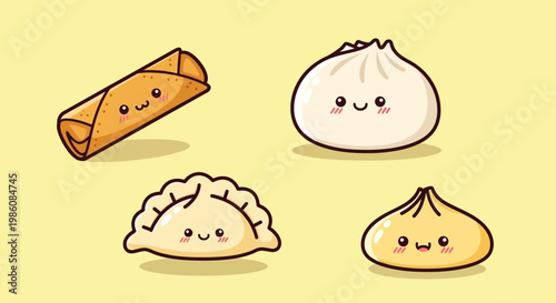 Cute Asian Food Chibi Sticker Pack Collection, Kawaii Vector Illustration of Dumpling, Bao Bun, Dim Sum, and Spring Roll with Funny Faces
