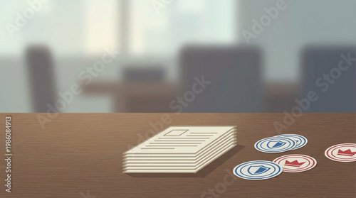 Stack of poker chips and cards.