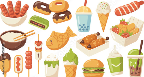 Flat cartoon food collection vector illustration with desserts snacks drinks fast food set colorful minimal design isolated on white background